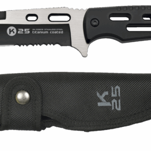 32608 - Couteau noir K25. Lame mixte avec scie