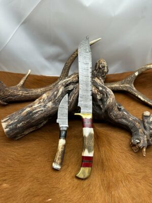 Set bowie de chasse "The Hunter" avec mini-Couteau : Manche en bois de Cerf avec étui en Cuir ref S605