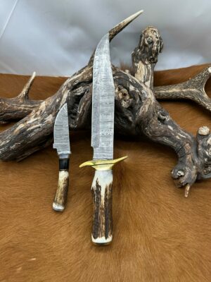 Set Bowie de chasse "The HUNTER" avec mini-couteau : Manche en bois de Cerf avec étui en Cuir ref S600