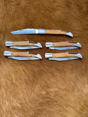 Lot de 5 couteaux de poche manche bois olivier Ref G021 avec gravure prénom