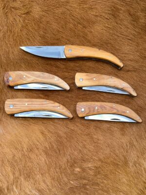 Lot de 5 couteaux de poche manche bois olivier Ref G024 avec gravure prénom