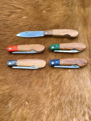 Lot de 5 couteaux de poche manche bois olivier Ref G003 avec gravure prénom offert