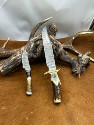 Set Bowie de chasse "The HUNTER" avec mini-couteau : Manche en bois de Cerf avec étui en Cuir ref S601