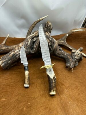 Set Bowie de chasse "The HUNTER" avec mini-couteau : Manche en bois de Cerf avec étui en Cuir ref S601