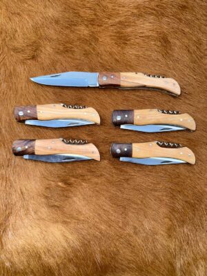 Lot de 5 couteaux de poche manche bois olivier Ref LT56 avec gravure prénom