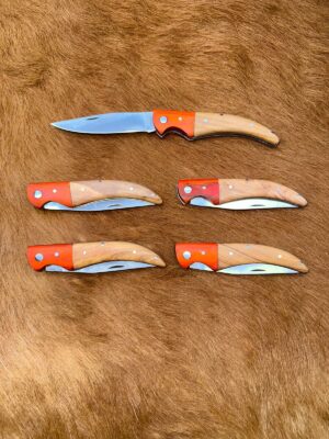 Lot de 5 couteaux de poche manche bois olivier Ref G035 avec gravure prénom