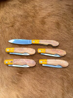 Lot de 5 couteaux de poche manche bois d'olivier Ref G054 avec gravure prénom
