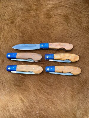 Lot de 5 couteaux de poche manche bois d'olivier Ref G055 avec gravure prénom