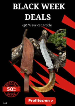 Opération BLACK WEEK -50% sur cet article Couteau Bowie lame acier damas 256couches : pièce unique manche en corne de bélier ref C44