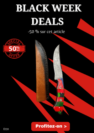 Opération BLACK WEEK -50% sur cet article Couteau chasse lame damas 256 couches Manche en bois d'olivier ref D70