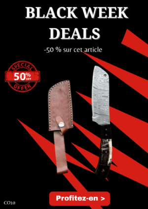 Opération BLACK WEEK -50% sur cet article Magnifique Couperet Frost USA lame damas 256 Couches manche en corne de bélier avec extrémités en corne de buffle étui cuir_ ref CO10