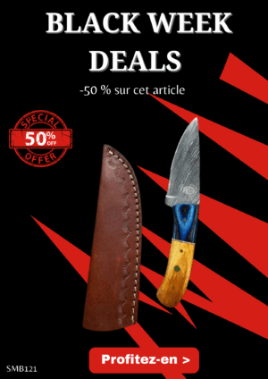 Opération BLACK WEEK -50% sur cet article Magnifique petit Bowie smoky Mountain Blades lame en acier Damas et manche en bois d’Olivier vendu dans sa boîte ref SMB121