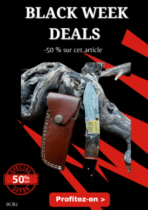 Opération BLACK WEEK -50% sur cet article Magnifique couteau pliant avec lame en acier damas, manche en corne de bélier et corne de buffle BCB2