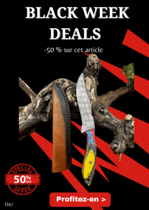 Opération BLACK WEEK -50% sur cet article Couteau chasse lame damas 256 couches Manche en bois coloré ref D47