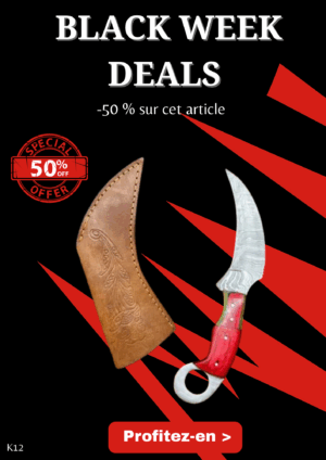 Opération BLACK WEEK -50% sur cet article Couteau Karambit Lame Acier DAMAS 256couches manche en bois d'Olivier Fabrication Artisanal Réf K12