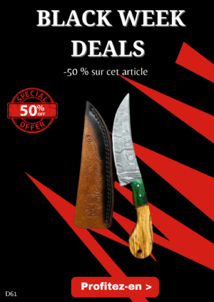 Opération BLACK WEEK -50% sur cet article Couteau chasse lame damas 256 couches Manche en bois d'olivier ref D61