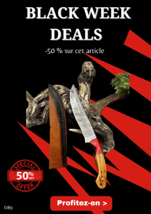 Opération BLACK WEEK -50% sur cet article Couteau chasse lame damas 256 couches Manche en bois d'olivier ref D89