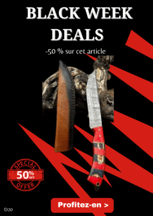 Opération BLACK WEEK -50% sur cet article Couteau chasse lame damas 256 couches Manche en bois coloré ref D20