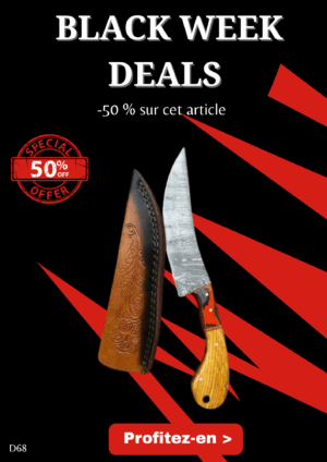 Opération BLACK WEEK -50% sur cet article Couteau chasse lame damas 256 couches Manche en bois d'olivier ref D68