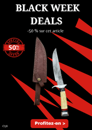 Couteau Bowie lame acier damas 256couches : pièce unique manche en os véritable artisanal ref O38