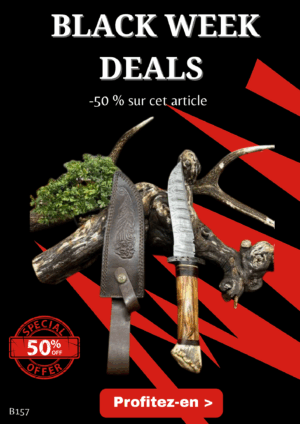 Magnifique Couteau lame en acier Damas 256 couches manche en Bois d’Olivier et pommeau en bois de cerf ref B157