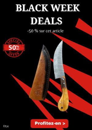 Opération BLACK WEEK -50% sur cet article Couteau chasse lame damas 256 couches Manche en bois d'olivier ref D54