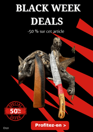 Opération BLACK WEEK -50% sur cet article Couteau chasse lame damas 256 couches Manche en bois d'olivier ref D10