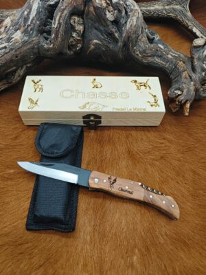 IDKDO, coffret couteau de poche pradel tire bouchon gravure Chevreuil avec boîte Cadeau en bois personnalisé ref T903