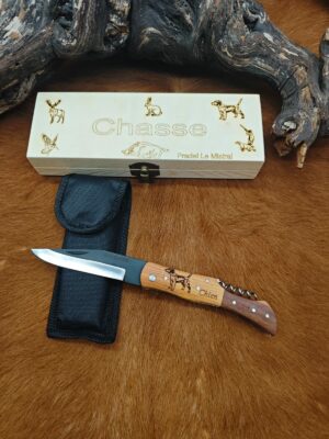 IDKDO, coffret couteau de poche pradel tire bouchon gravure Chien de chasse avec boîte Cadeau en bois personnalisé ref T904