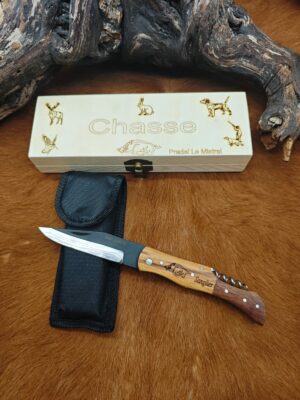 IDKDO, coffret couteau de poche pradel tire bouchon gravure Sanglier avec boîte Cadeau en bois personnalisé ref T907