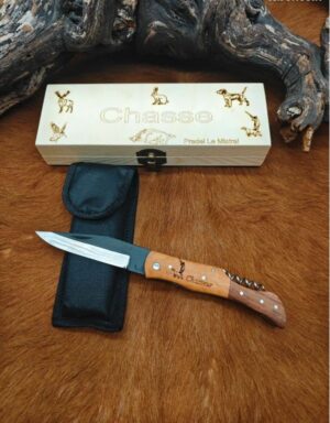 IDKDO, coffret couteau de poche pradel tire bouchon gravure Chasseur avec boîte Cadeau en bois personnalisé ref T901