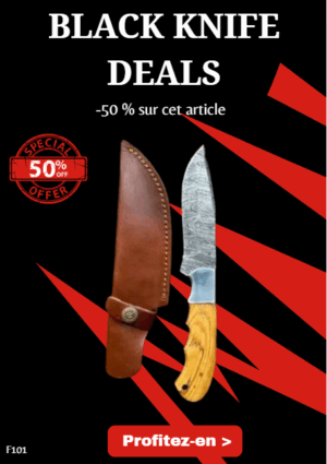 Opération BLACK WEEK -50% sur cet article Couteau de chasse Damas manche en bois d'olivier lame damas 256 couches avec étui en cuir ref F101