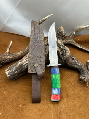 Magnifique couteau Bowie “Rite-Edge” lame acier damas manche en OS coloration imprégner avec étui en cuir ref V20