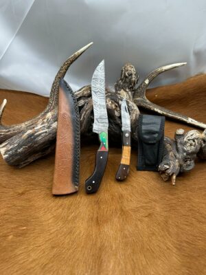 Magnifique Couteau de chasse lame en acier damas 256 couches avec Petit Couteau de poche Offert ref D313