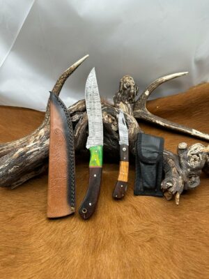 Magnifique Couteau de chasse lame en acier damas 256 couches avec Petit Couteau de poche Offert ref D315