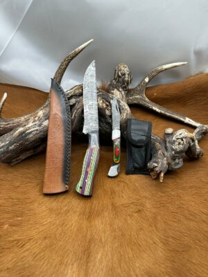 Magnifique Couteau de chasse lame en acier damas 256 couches avec Petit Couteau de poche Offert ref D316