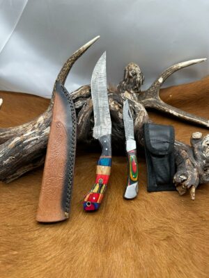 Magnifique Couteau de chasse lame en acier damas 256 couches avec Petit Couteau de poche Offert ref D317