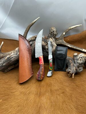 Magnifique Couteau de chasse lame en acier damas 256 couches avec Petit Couteau de poche Offert ref D318