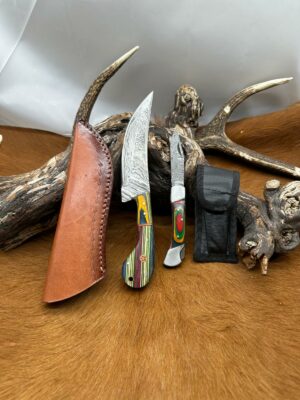 Magnifique Couteau de chasse lame en acier damas 256 couches avec Petit Couteau de poche Offert ref D319