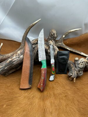 Magnifique Couteau de chasse lame en acier damas 256 couches avec Petit Couteau de poche Offert ref D320