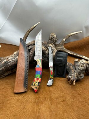 Magnifique Couteau de chasse lame en acier damas 256 couches avec Petit Couteau de poche Offert ref D321