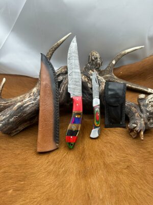 Magnifique Couteau de chasse lame en acier damas 256 couches avec Petit Couteau de poche Offert ref D322