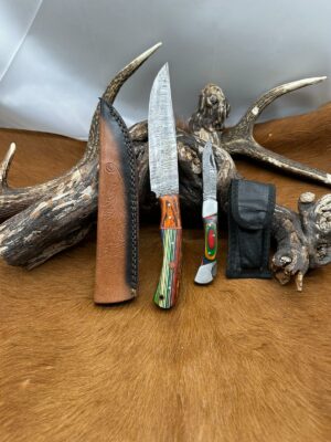 Magnifique Couteau de chasse lame en acier damas 256 couches avec Petit Couteau de poche Offert ref D323