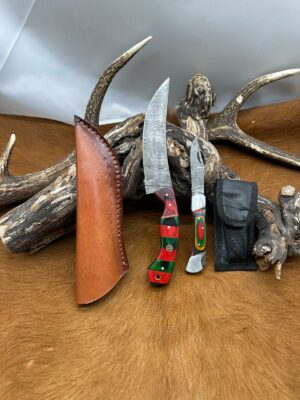 Magnifique Couteau de chasse lame en acier damas 256 couches avec Petit Couteau de poche Offert ref D324