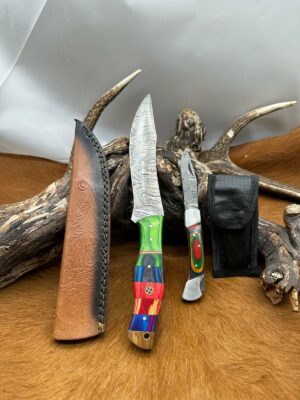 Magnifique Couteau de chasse lame en acier damas 256 couches avec Petit Couteau de poche Offert ref D325