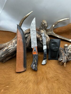 Magnifique Couteau de chasse lame en acier damas 256 couches avec Petit Couteau de poche Offert ref D327