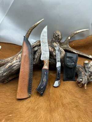 Magnifique Couteau de chasse lame en acier damas 256 couches avec Petit Couteau de poche Offert ref D328