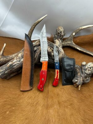 Magnifique Couteau de chasse lame en acier damas 256 couches avec Petit Couteau de poche Offert ref D336