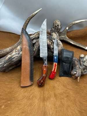 Magnifique Couteau de chasse lame en acier damas 256 couches avec Petit Couteau de poche Offert ref D338