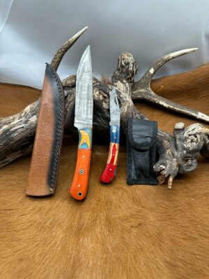 Magnifique Couteau de chasse lame en acier damas 256 couches avec Petit Couteau de poche Offert ref D339